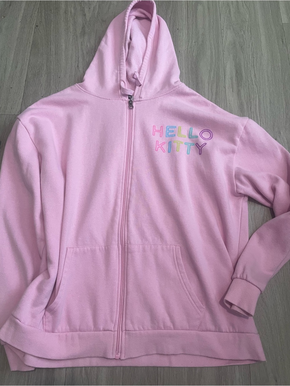 Hello Kitty Pastel Pink Zip Hoodie with Rainbow Lettering